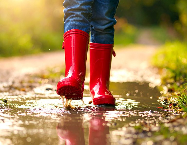 Individual in rainboots walking in a puddle